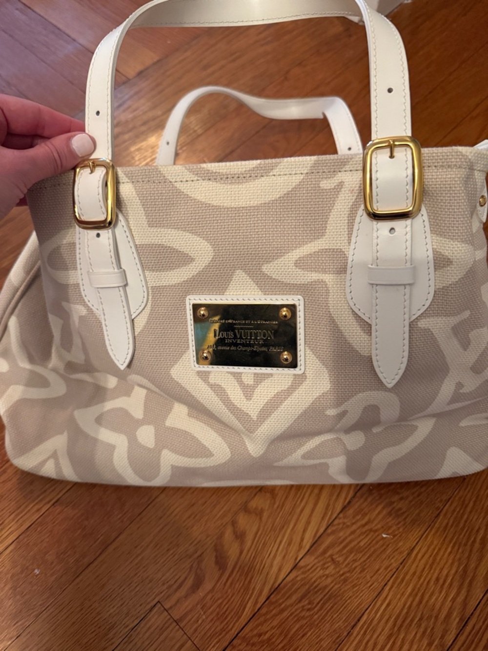 Authentic Louis Vuitton Cream and White Canvas Shoulder Bag with Gold Hardware